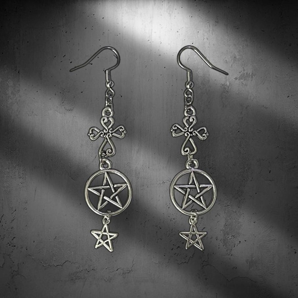 Silvery witchy hollow pentagram and cross dangle earrings